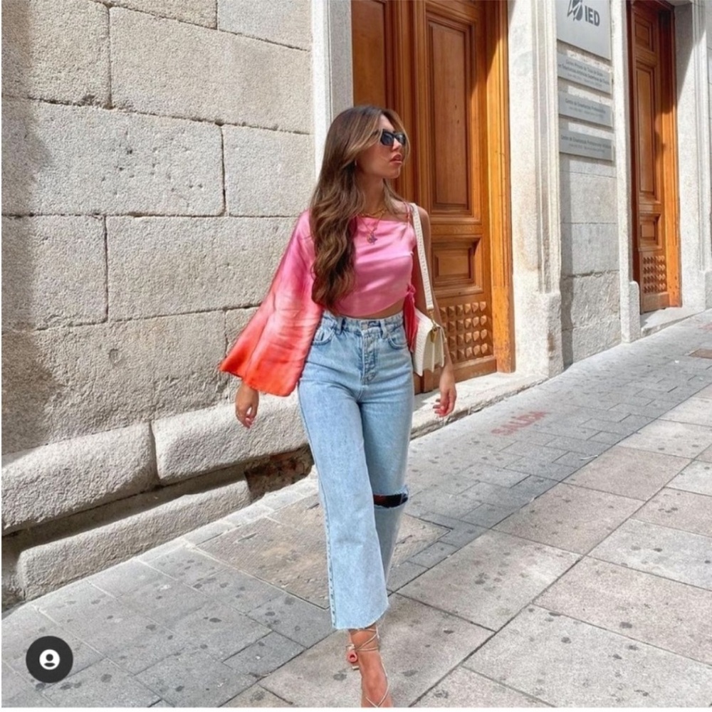 Zara Asymmetrical Bell Sleeve Crop Blouse in Pink and Orange